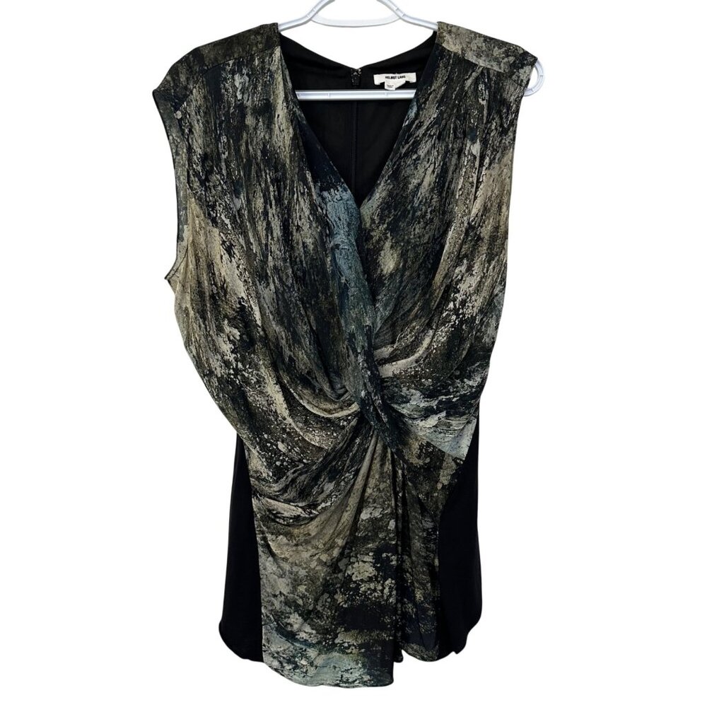 Helmut Lang Silk Draped Ruched V-Neck Blouse Top Size S Green Black Marble